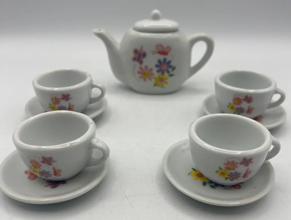 Miniature White Porcelain Tea Set Floral Dollhouse Teapot Cups Saucers 10 Piece